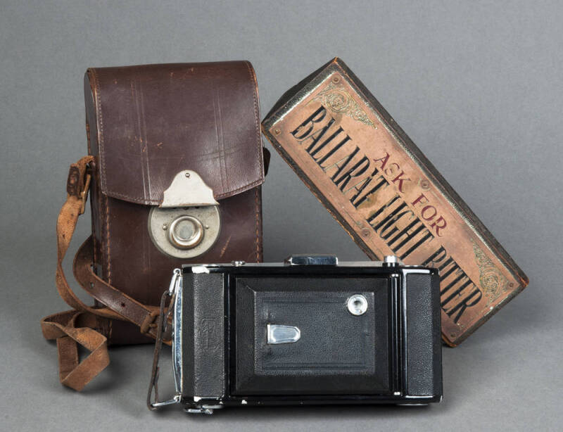 Miscellany:  Zeiss Icon folding camera; "Ballarat Light Bitter" antique brewery advertising couter top sign; Queen Elizabeth II booklet; postcard; De Reszke cigarette cards (45/50); Shell Oil cards (30)