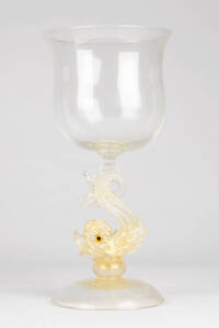 MURANO GLASS VASE: Goblet form with dolphin stem in clear glass with gold fleck inclusions. 31cm, VG condition. 