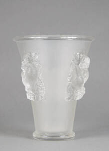 LALIQUE: Art Deco glass vase with bird patterned decoration. Frosted & clear finish. Acid etched signature "Lalique France". Height 26cm, width 24cm. Excellent condition