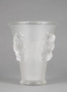 LALIQUE: Art Deco glass vase with bird patterned decoration. Frosted & clear finish. Acid etched signature "Lalique France". Height 26cm, width 24cm. Excellent condition