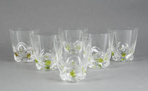 LALIQUE: Set of 6 water glasses each with applied green glass dots. Hand signed "Lalique France". Very slight chip to rim on one, otherwise VG condition.