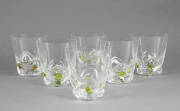 LALIQUE: Set of 6 water glasses each with applied green glass dots. Hand signed "Lalique France". Very slight chip to rim on one, otherwise VG condition.
