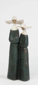 LLADRO: Spanish porcelain figure group statue of two Nuns, gres finish (Green/blue glaze). Designed by Fulgencio Garcia. 33.5cm, Excellent condition