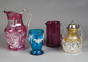 RUBY GLASS jugs (2), one antique 15cm, the other 20th century Bohemian cut crystal, 22cm; antique English blue glass beaker decorated with enamel floral swags; Bohemian jug with metal mount. G/VG condition