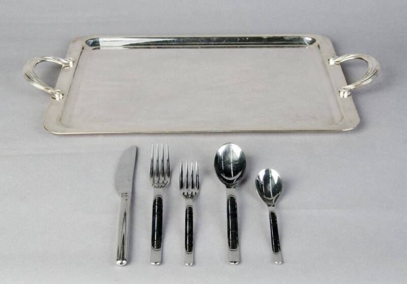 CHRISTOFLE: Stainless steel cutlery set for 12 people 48 pieces total; Christofle serving tray.