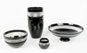WATERFORD CRYSTAL by John Rocha: 2  Fruit bowls & 2 vases in black & clear diamond cut crystal. Ranging in size from 8cm to 35cm.