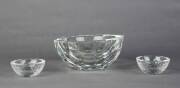 Rosenthal Studio-line faceted crystal fruit bowl 22cm & pair of crystal condiment bowls, 10cm each.