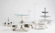 Ralph Lauren crystal candle sticks (4); assorted serving bowls; metal ware dishes; Waterford Marquis stainless steel cake stand.
