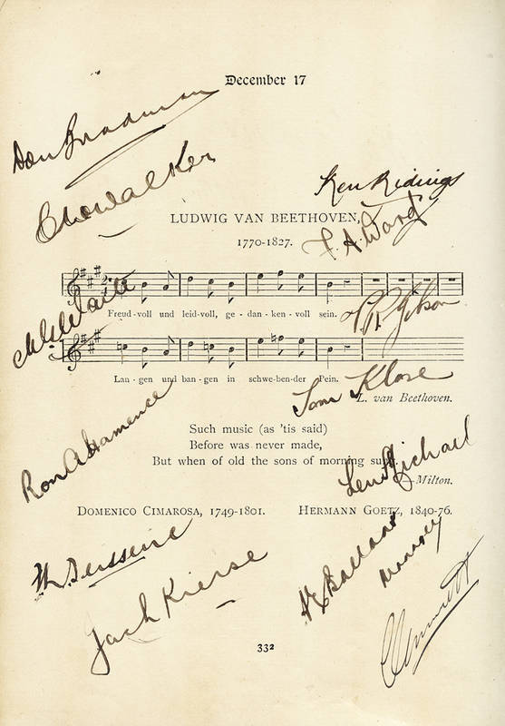 AUTOGRAPHS: "The Music of the Poets - The Musicians' Birthday Book" [London, 1908], with fabulous collection of 863 autographs, mostly musicians, noted Clara Butt, Noel Coward, Peter Dawson, Percy Grainger, Robert Helpmann, Gladys Moncrief, Nellie Melba,