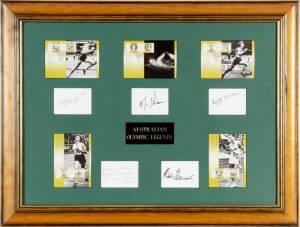 "AUSTRALIAN OLYMPIC LEGENDS" display comprising signed cards by Shirley Strickland, Murray Rose, Betty Cuthbert, Marjorie Jackson & Herb Elliott, window mounted with appropriate Australia Post First Day covers, framed & glazed, overall 78x60cm. Limited ed