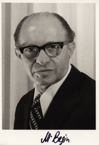 MENACHEM BEGIN (1913-92, Israel's 6th Prime Minister), signed photograph; plus signature on typed letter in Hebrew. VG condition. (2 items).