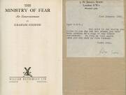 GRAHAM GREENE (1904-91, English writer): "The Ministry of Fear" by Graham Greene [London, 1943], first edition with typed letter affixed to inside front cover signed in pen by the author and dated 31st January 1950. Original yellow/gold coloured cloth (mo