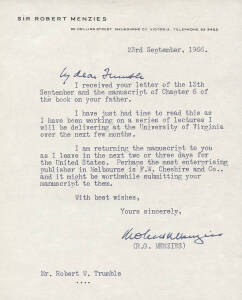 SIR ROBERT MENZIES (1894-1977, 12th Prime Minister of Australia), signed letters (2), typed single pages both dated 1966, one signed "Bob", the other signed in full "Robert Menzies". G/VG condition.