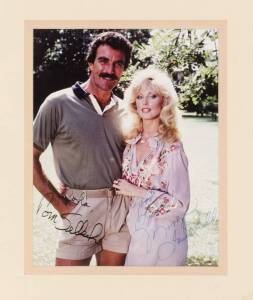 MOVIE STARS: Signed photographs, noted Michael Caine; Tom Selleck & Morgan Fairchild; Jane Fonda & Bruce dern; Larry Hagman & Linda Gray; Douglas Fairbanks Jnr; Peter Sellers; Robert Mitchum; Lana Turner; Jacqueline Bissett. All window mounted, framed & g