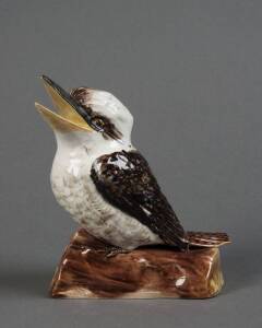 GRACE SECCOMBE: Stunning pottery Kookaburra perched on a log with beak open ready to call. Incised signature & remains of original paper label. Impressive size, 16cm.