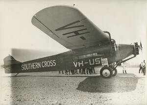 SOUTHERN CROSS; Group of photographs of the famous aeroplane flown by Sir Charles Kingsford Smith [first ever trans-Pacific flight from the U.S.A. to Australia], reprints with War Memorial ink stamp verso (2), S.J.Hood press photograph (1). Average size 2