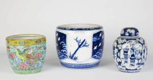 Chinese blues & white urn with lid; plus 2 Chinese porcelain jardinieres. 27cm, 27cm, 23cm