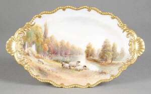 ROYAL WORCESTER: Porcelain comport (c1926) painted by Harry Davis with iconic sheep in country landscape scene titled "River Severn Nr Worcester". Oval form wirh gilded border. Restored & hairline crack. 32 x 20 x 8cm.