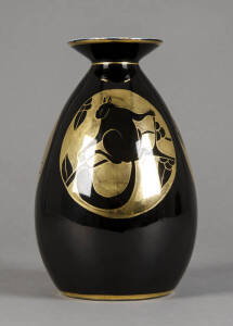 BOCH FRERES Belgium Art Deco ceramic black & gilt vase with sqirrel decoration. 26cm