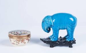 SATSUMA Japanese pottery lidded bowl c1930s; Chinese porcelain elephant with turquoise glaze on carved wooden stand. 9cm & 12cm. VG condition