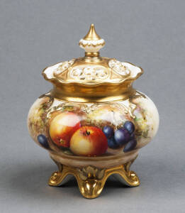 ROYAL WORCESTER: Porcelain potpourri with fruit painting by Freeman.11cm
