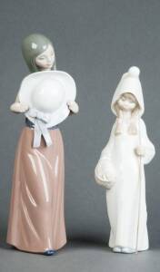 LLADRO: Spanish porcelain statues of a girl with staff & a young woman with hat. 22cm & 25cm. VG condition