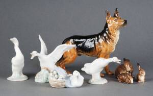 BESWICK porcelain rabbits (3); LLADRO porcelain geese figures (4); GOEBEL porcelain German Shepherd. Ranging in size from5cm to 26cm. VG condition