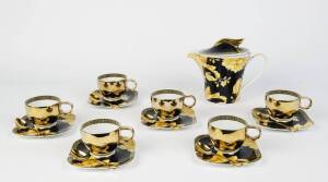 VERSACE ROSENTHAL: "Vanity" pattern teapot & 6 cups, saucers & gilded spoons.