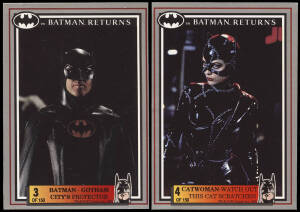 BATMAN: Album with 1966 Scanlens "Batman, Series A" [44]; 1989 Topps "Batman Picture Card Series" [132] & "Series 2" [132]; 1992 Dynamic Marketing "Batman Returns" [150] x 2 sets, "Poster Stickers" [20], "Gold Card" [10] & Shrinkie [3]; 1992 Topps "Batman