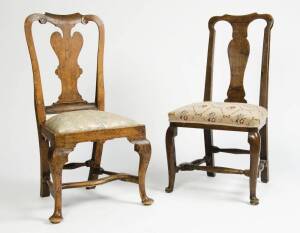 Pair of 18th century English oak peg jointed dining chairs with tapestry upholstered seats.