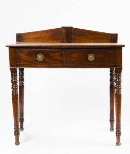 Georgian mahogany console hall table with 2 cock beaded drawers, cross banded top & palladium back on fine ring turned legs. 45cm x 22cm x 11cm