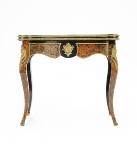 FRENCH BOULE CARD TABLE: Ornate fold over table inlaid with brass & turtle shell with ormolu mounts, c1840s. Fair/Good condition.