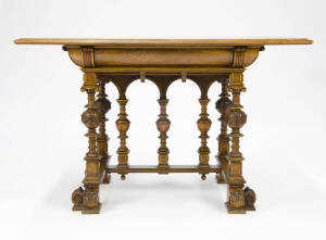 WALNUT CENTRE TABLE: Mid 19th century with quarter veneered top & cross banded edge. Ornate turned & carved undercarriage with decorative acanthus carved & scrolling feet. VG condition
