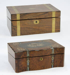 ANTIQUE WRITING BOXES: Beautifully inlaid writing slope decorated with mother of pearl, ebony, birch and oak on amboyna; plus, brass bound Victorian mahogany writing box. Some restoration required. Fair/Good condition