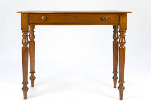 AUSTRALIAN Cedar 1 drawer writing desk with embossed brown leather insert top resting on turned legs, c1880s. Has been restored, some scratches on the back edge of the top. Fair/Good condition