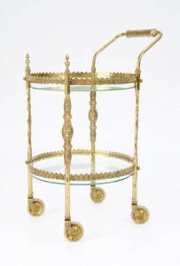 Ornate circular brass & etched glass tea trolley, mid 20th century.