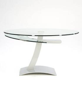 Danish extending glass table purchased from Reidel Imports in 2011 for $6,600. Width 134cm length 74-177cm