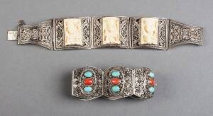 CHINESE SILVER: Filigree silver bracelet with 3 carved ivory panels; filigree silver bracelet set with coral & turquoise; PLUS, Silver finish necklace with stones