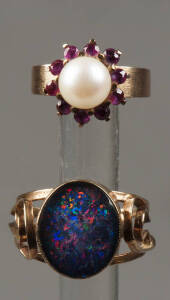 9ct Gold & opal doublet ring; 14ct gold & pearl ring with 10 rubies;  G/VG condition 