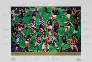 AFL TEAM OF THE CENTURY: "Australian Football League - Team of the Century" print by Mark Sofilas, signed by the artist and the 15 living members - Gary Ablett, Ron Barassi, Francis Bourke, Bruce Doull, Graham Farmer, Keith Greig, Royce Hart, Alex Jesaule