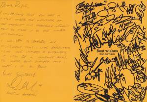 RICHMOND: c2011 card to Royce from Dustin Martin, with c31 signatures of the Richmond team, and also signed on the reverse by Royce Hart. Ex Royce Hart collection