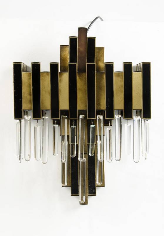 Impressive Art Deco segmented metal wall light in black & brass finish with crystal drops. 60cm x 45cm