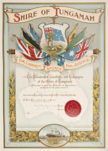 WW1 ANZAC certificate, "Shire of Tungamah, ANZACS/For Liberty For Justice", attractive and colourful award presented to Sergeant L.U.Kennedy, art work by  Goldsworthy and Davey, printed by D.W.Paterson Co. (Melb). Size 64 x 51cm. Excellent condition. 