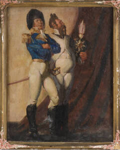 RAYMOND LINDSAY (1903-1960): Oil painting "Na Poliania", military portrait of two standing officers. Raymond was the second son of Australian artist Norman Lindsay. Original Thomas Whitelaw frame & labels verso. Frame water damaged, painting in G/VG condi