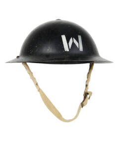 WW2 British Air Raid Warden's helmet, black finish with stencilled "W" in white, original condition; Nazi German Navy cap badge showing a battle cruiser in oak wreath crowned by the Nazi eagle & swastika, reverse stamped "Adolf Bock...Berlin". VG conditio