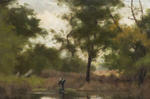 CARL HAMPEL (1887-1942): Oil on board "A Shady Pool". Signed lower left. Gilt framed (damaged). 24 x 17cm