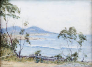 BERNICE EDWELL (1880-1962): Miniature landscape painting on ivory "East Coast of Tasmania". Early 20th century. 9 x 7cm