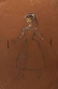 LOUDON SAINTHILL: Theatre costume designs for The Canterbury Tales c1970. Pencil & watercolour on on brown paper. One title "Myer". 47cm x 33cm each approx.