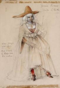 LOUDONSAINTHILL: Theatre costume design for The Canterbury Tales c1967, "Wife Of Bath", pencil & gouche, framed. 50cm x 37cm