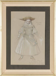 LOUDON SAINTHILL: Theatre costume design for The Canterbury Tales c1967 "Miller's Wife" pencil & gouache, framed. 48cm x 31cm